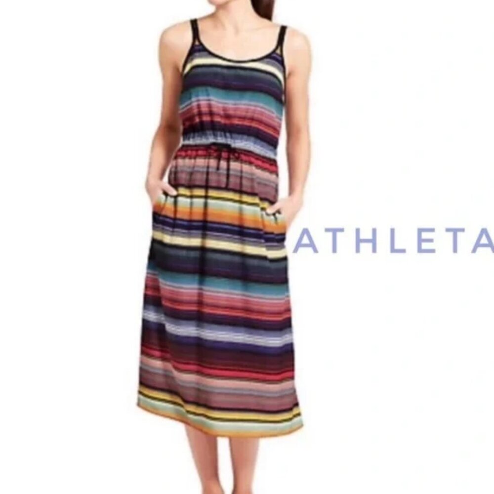 NWT Athleta Havana Rainbow Multi-Stripe Midi Dress Sundress Sz L
